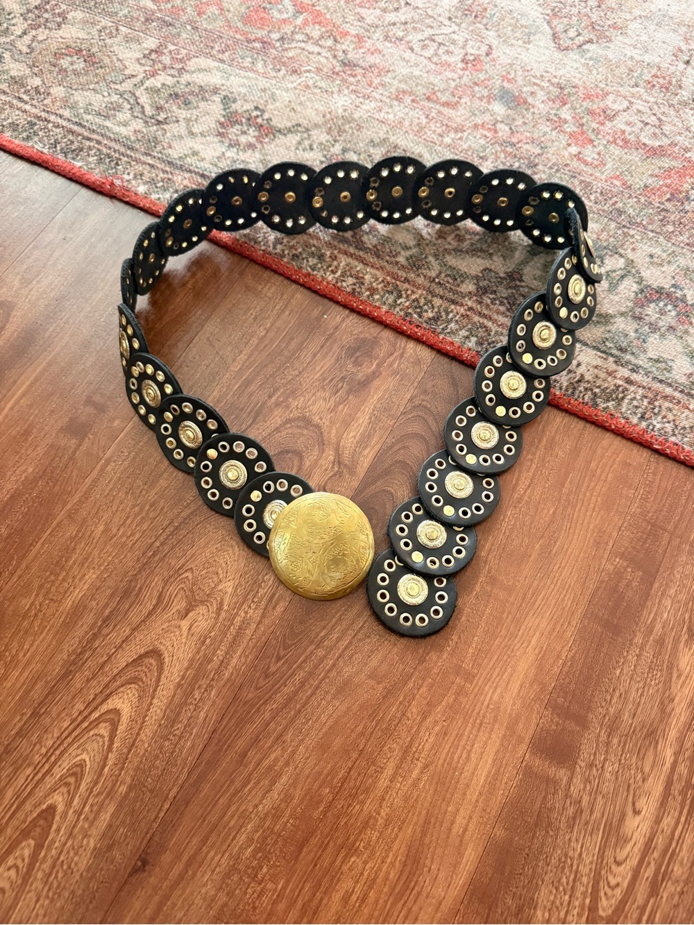Anthropologie Black Leather Belt with Large Gold Medallion